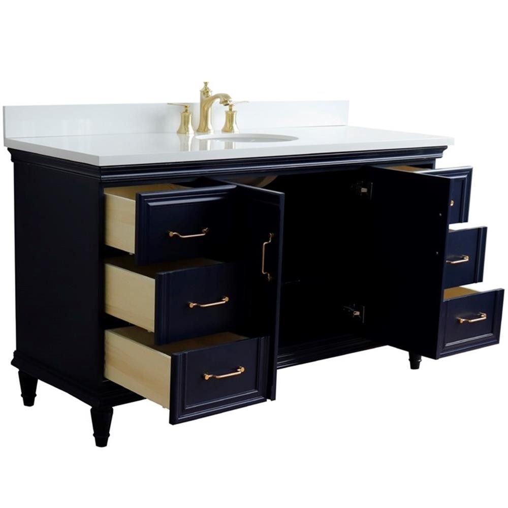 61 in. Single Wooden Vanity Blue White Quartz Oval Sink