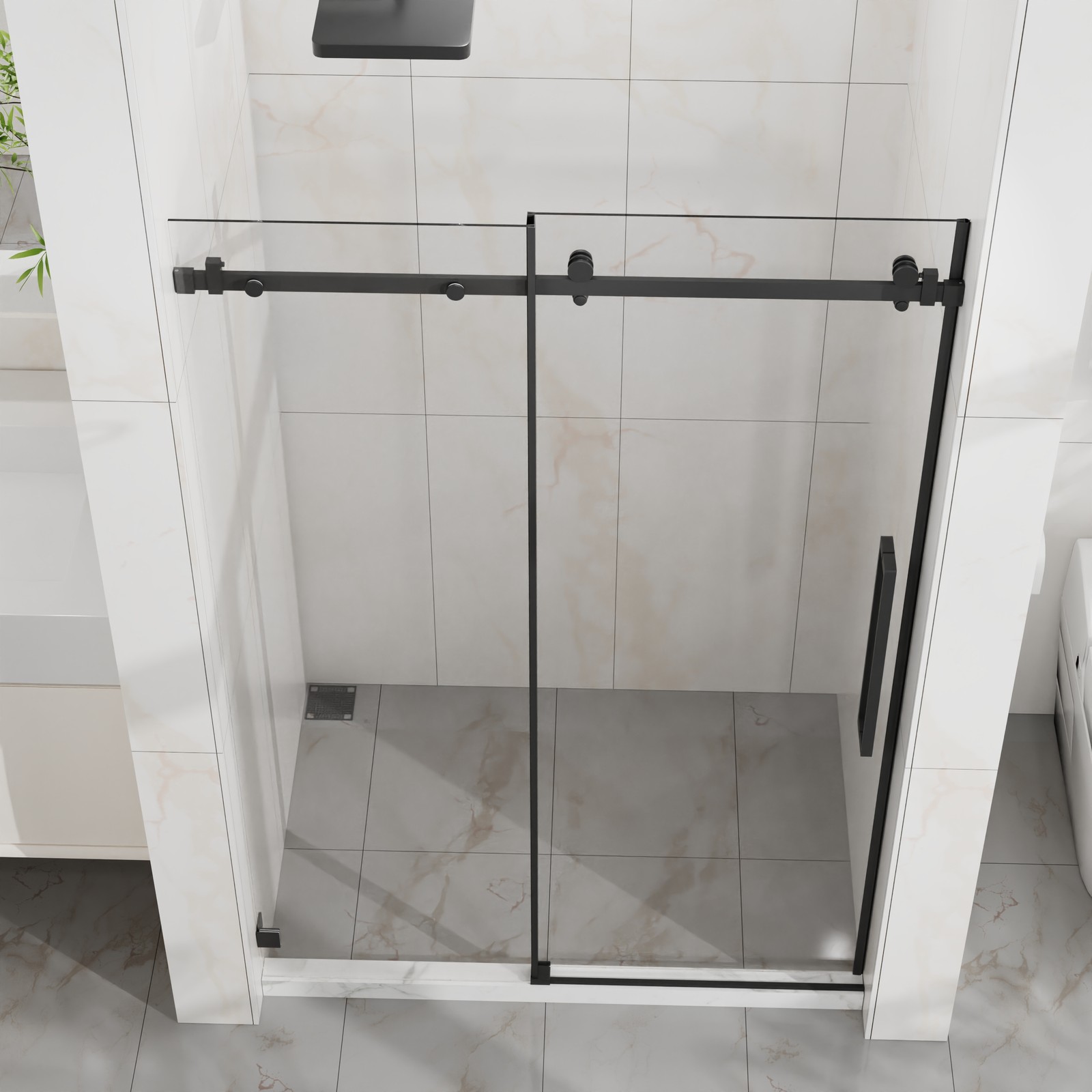 48″ W x 72″ H Sliding Shower Door, Frameless Sleek Glass Shower Door Matte Black