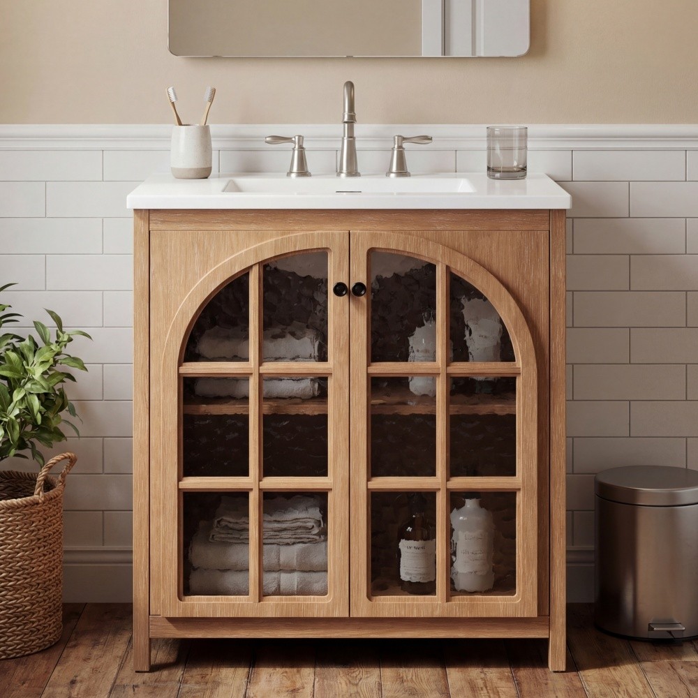 30 Inches Bathroom Vanity with Ceramic Sink, Vintage Rustic Bathroom Cabinet