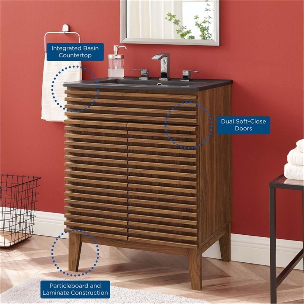 Modway Render 24″ Modern Wood Bathroom Vanity in Walnut/Black