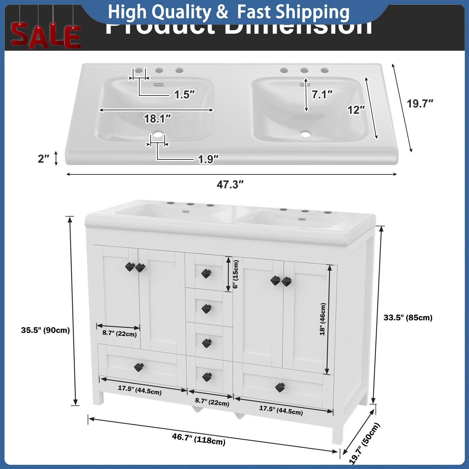 Modern 47-inch Double-Sink Freestanding Vanity with 6 Drawers and Cabinet White