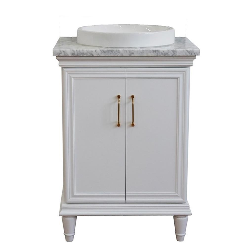 25 in. Single Wooden Vanity White with White Carrara Round Sink