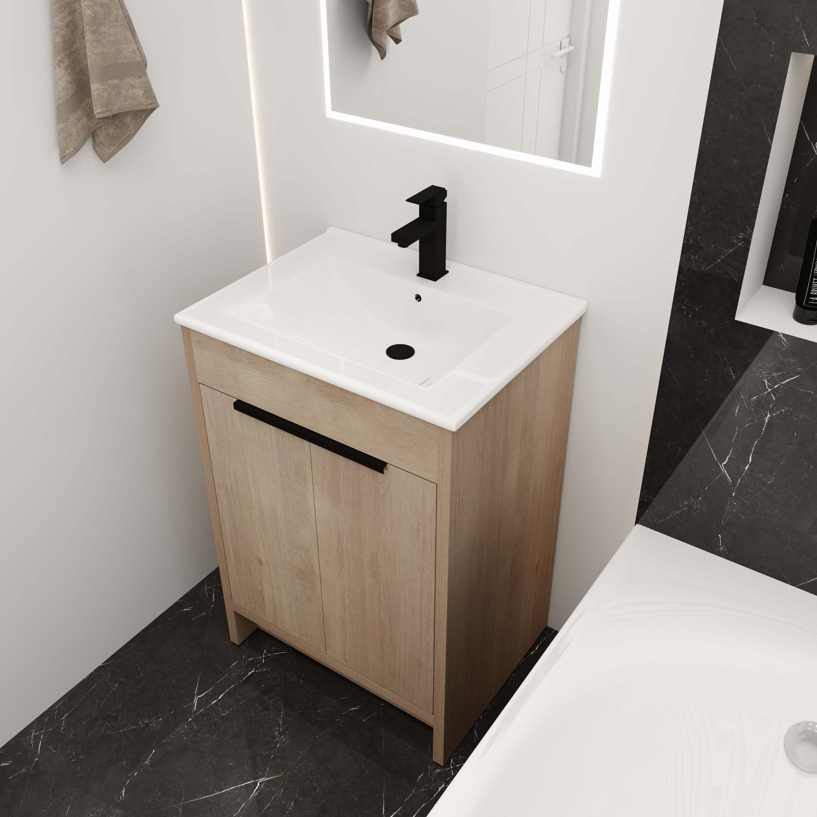 24” Freestanding Bathroom Vanity w/ White Ceramic Sink & 2 Soft Close Doors Oak
