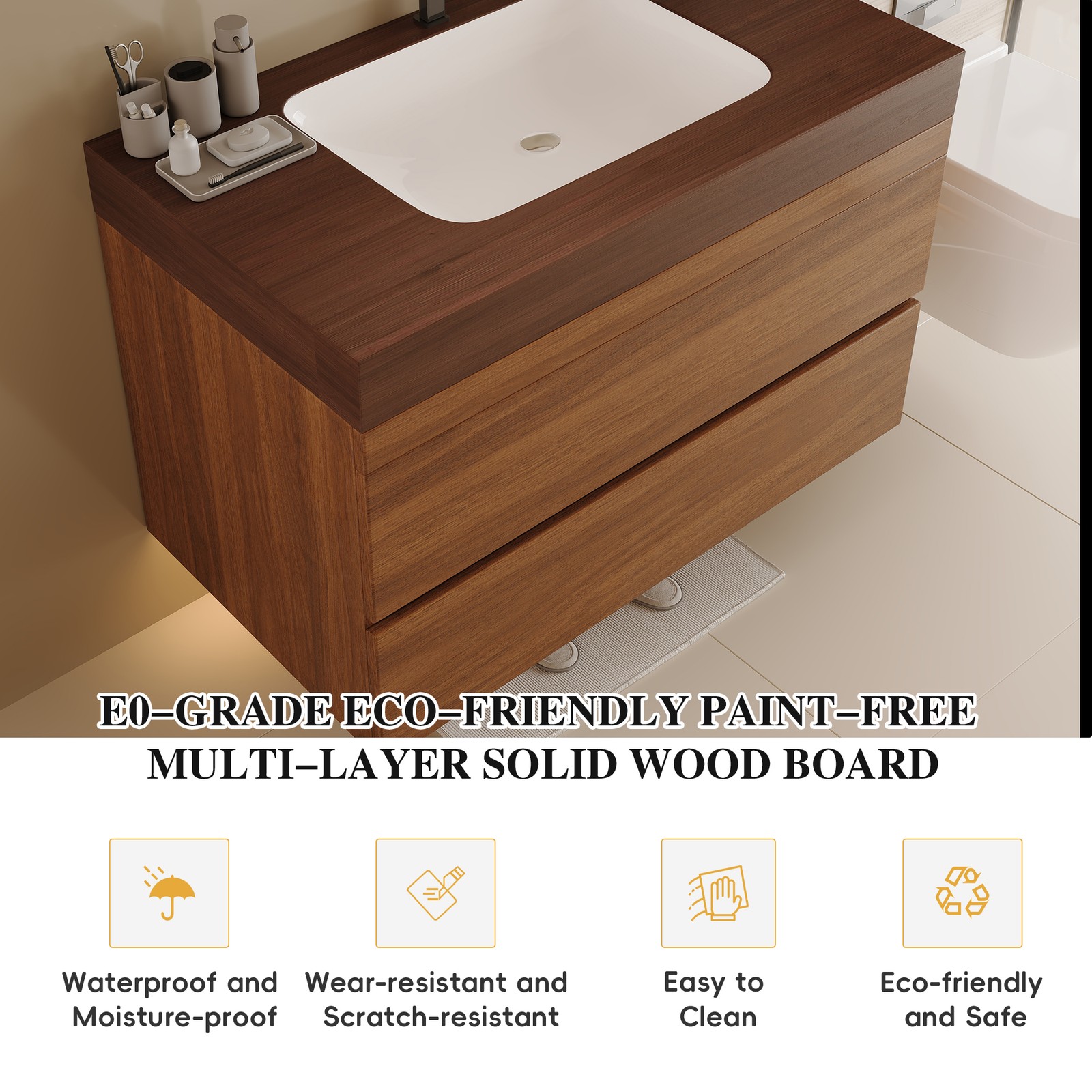 29.9″ Floating Bathroom Vanity with Marble Top and Ceramic Sink