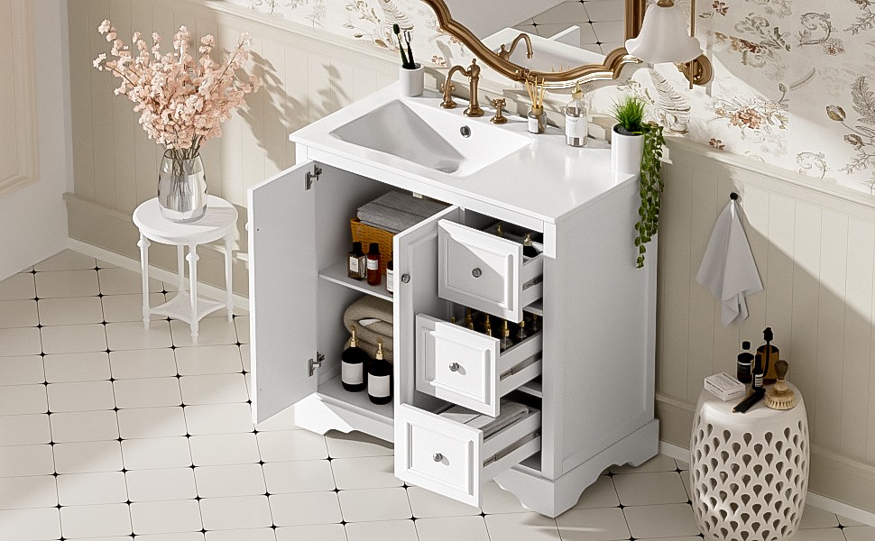36″ White Transitional Bathroom Vanity with Ceramic Sink
