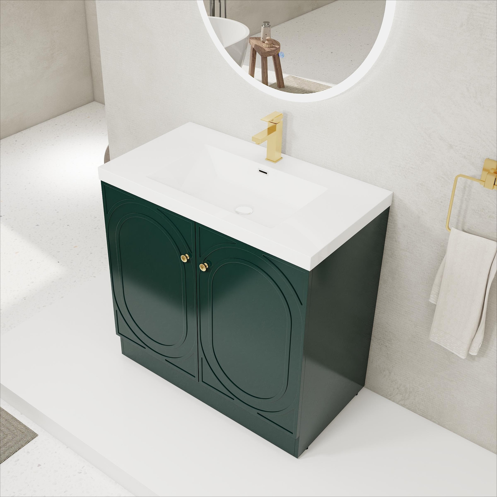 36inch Plywood Freestanding Bathroom Vanity Cabinet Dark Green Resin Sink Basin