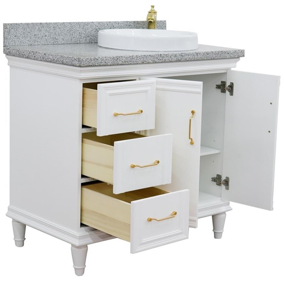 37 in. Single Wooden Vanity White Gray Granite Round Right Door.Right Sink