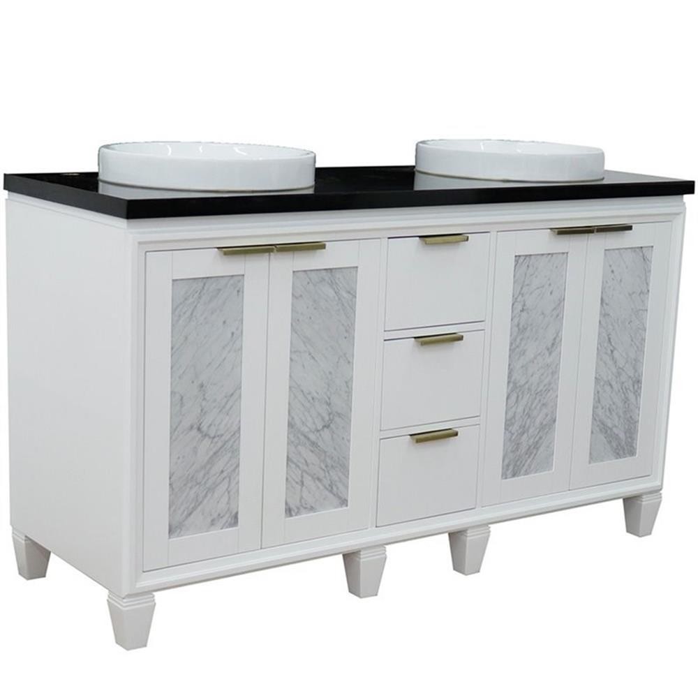 Pemberly Row 61″ Double Round Sink Solid Wood Vanity in White/Black Galaxy
