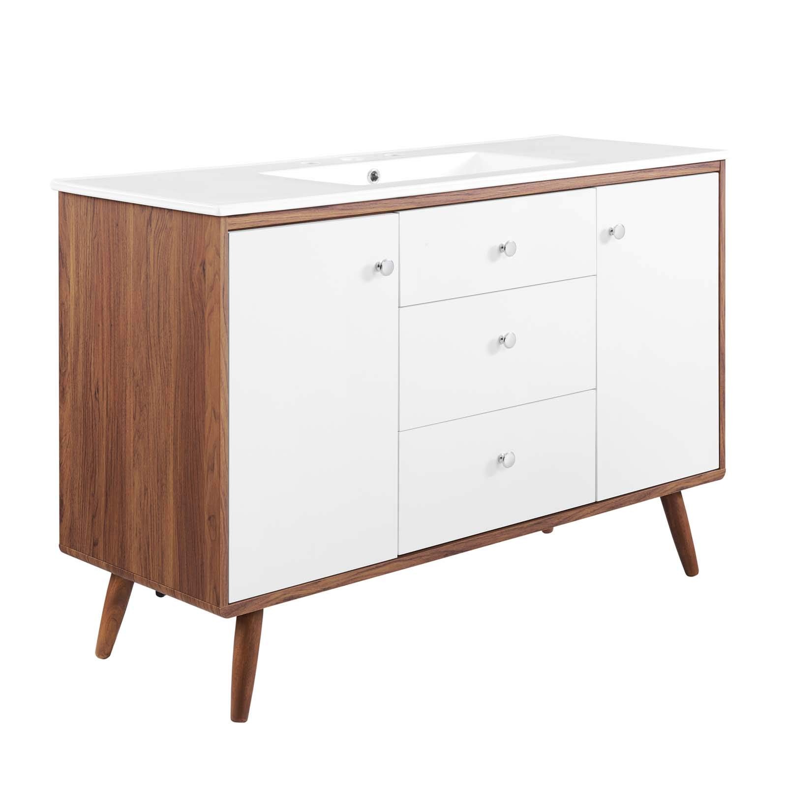 Modway Transmit 47″ Modern Wood Single Sink Bathroom Vanity in Walnut/White