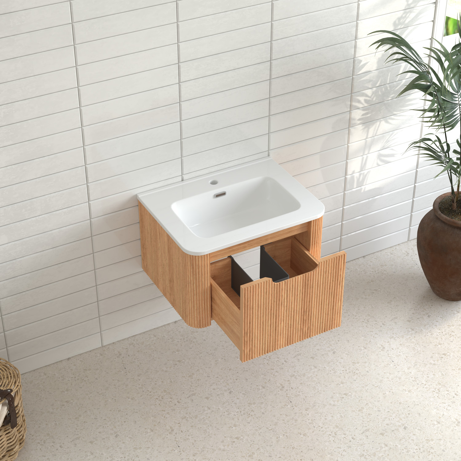 24″ Wall-Mounted Floating Bathroom Vanity with White Ceramic Basin Walnut
