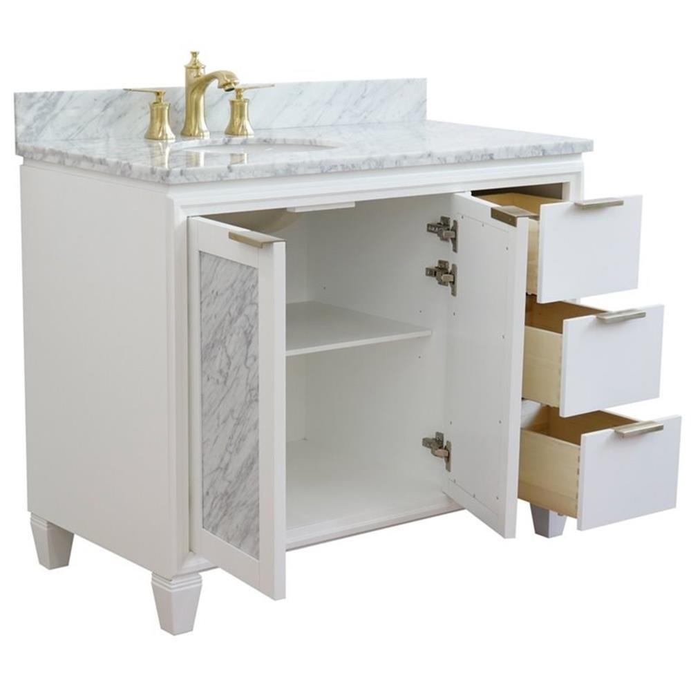 Pemberly Row Solid Wood Vanity with Left Oval Sink in White/White Carrara