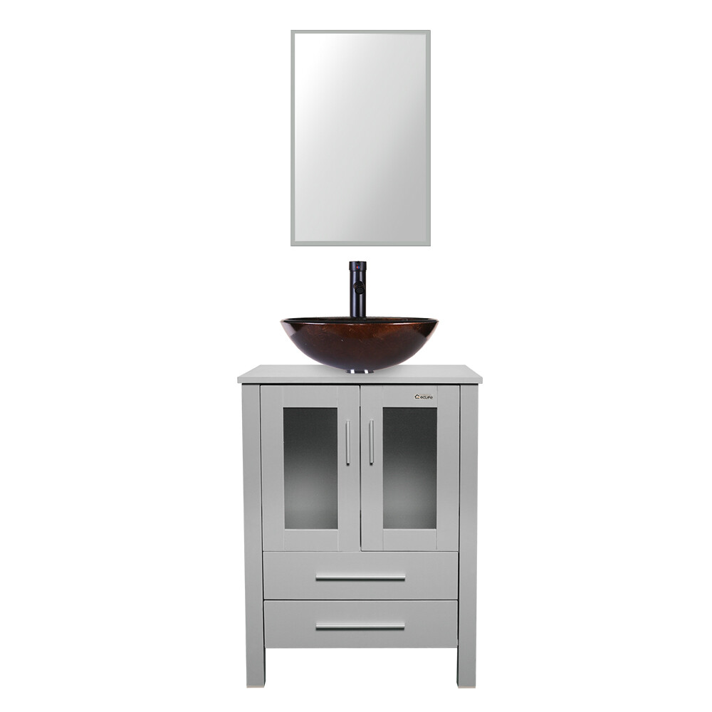 36″ Bathroom Vanity W/Glass Vessel Sink Set Faucet Mirror Cabinet Gray Combo
