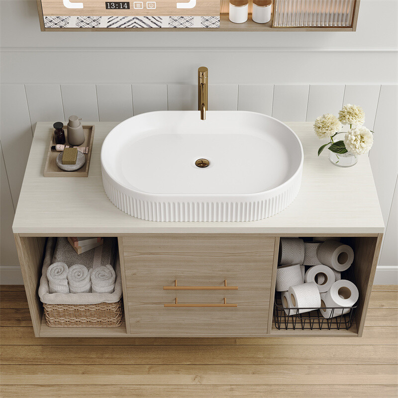 Modern Wall-Mounted Floating Cabinet Bathroom Vanity with Oval Sink & 2 Drawers