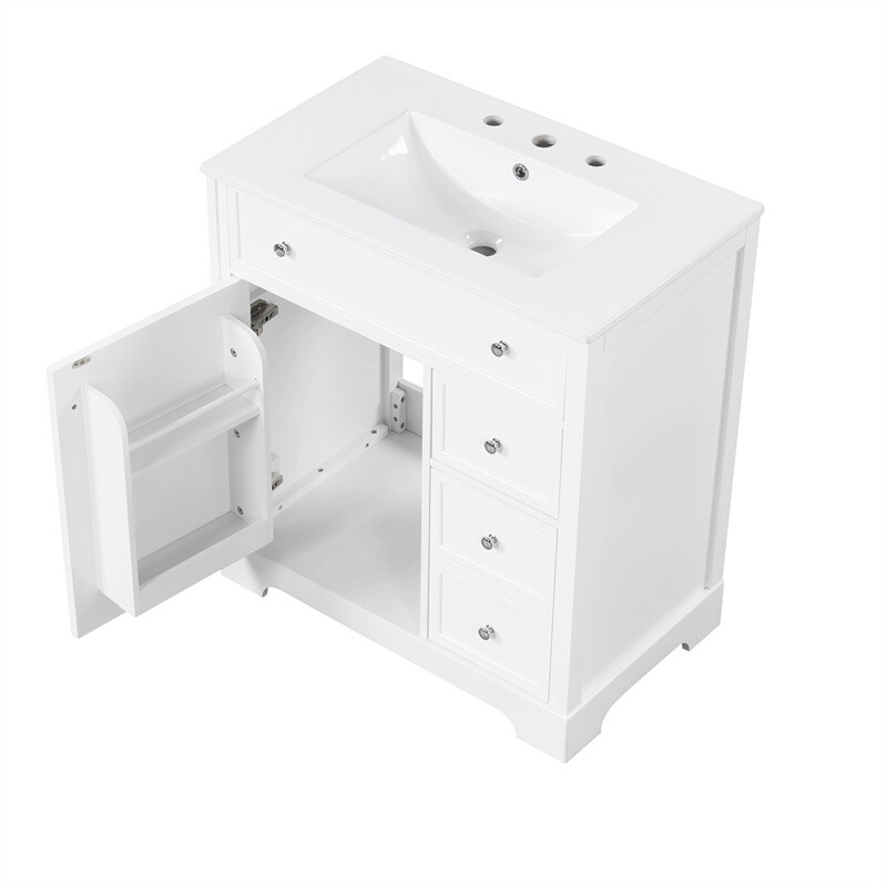30″ White Bathroom Vanity with Ceramic Sink Set Storage Cabinet w/Door & Drawers