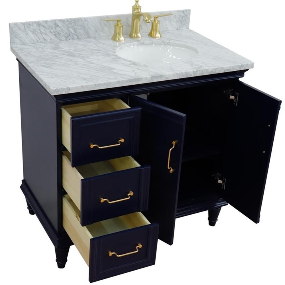 37 in. Single Wooden Vanity Blue White Carrara Oval Right Door.Right Sink