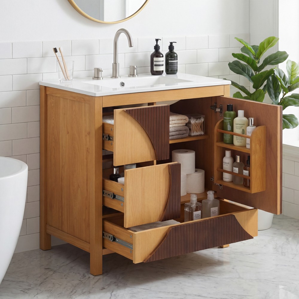 30 Inch Mid Century Freestanding Bathroom Vanity with Ceramic Sink Solid Wood
