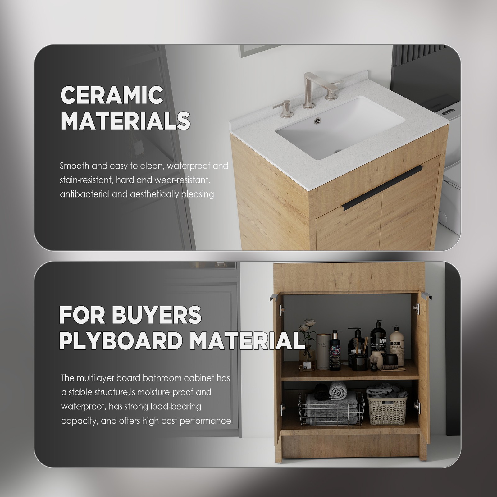 24″ Freestanding Bathroom Vanity with Sink, Soft-Close Door, White Marble Top