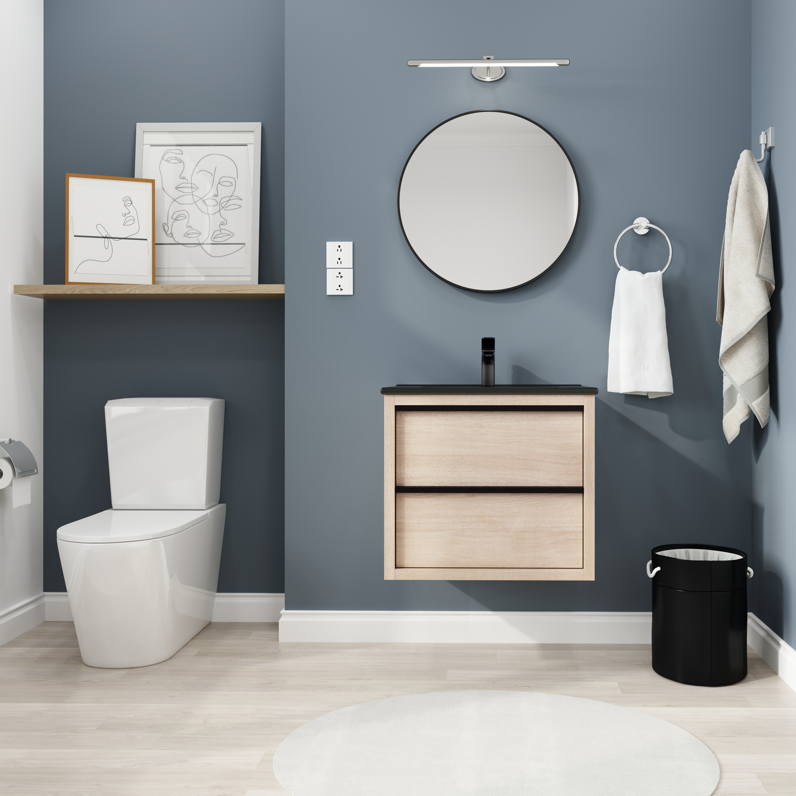 24″Bathroom Vanity Cabinet Wall Mounted Floating W/ Black Ceramic Sink 2 Drawers