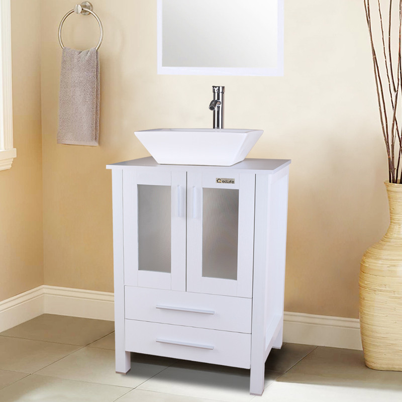 24″ White Bathroom Vanity Cabinet Single Wood & Ceramic Vessel Sink Top Modern
