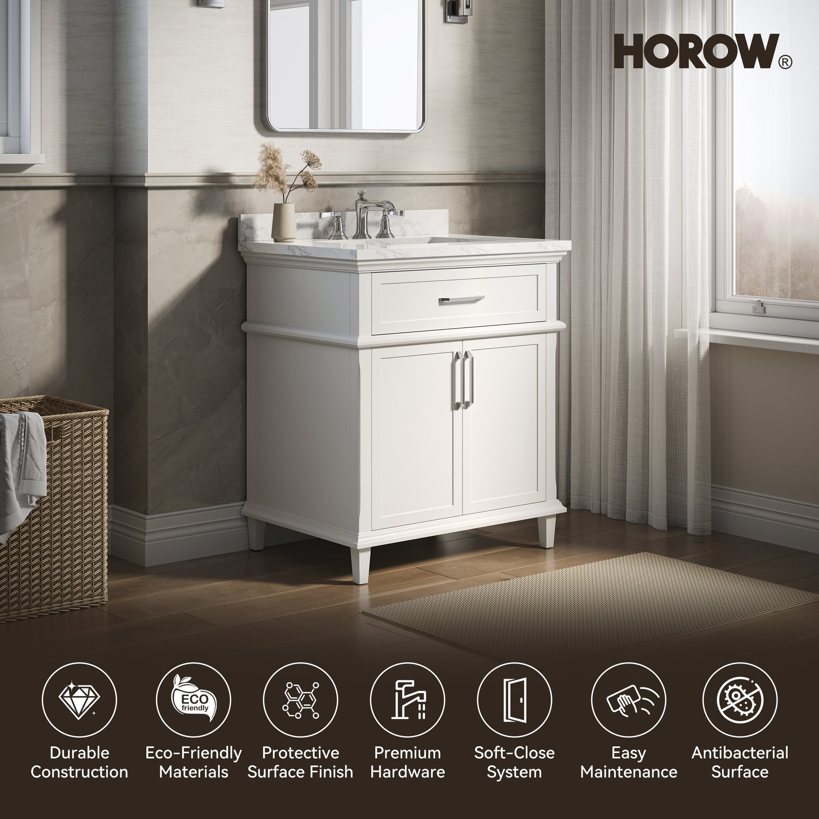 HOROW 30” Bathroom Vanity with Undermount Basin Freestanding Storage Cabinet