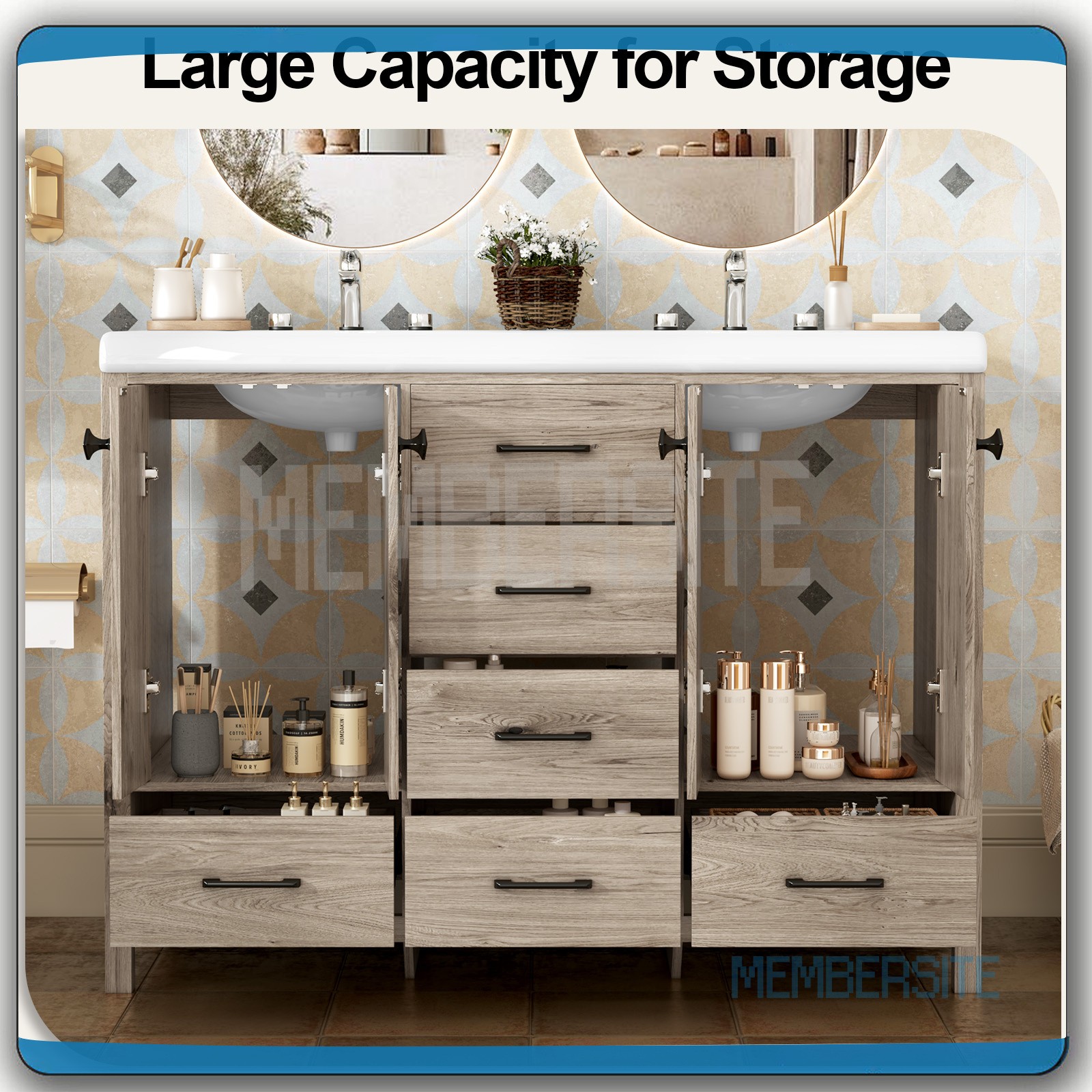 Bathroom Vanity 47.3″ Vanity Top w/Double Sink Ceramic & Drawers Freestanding