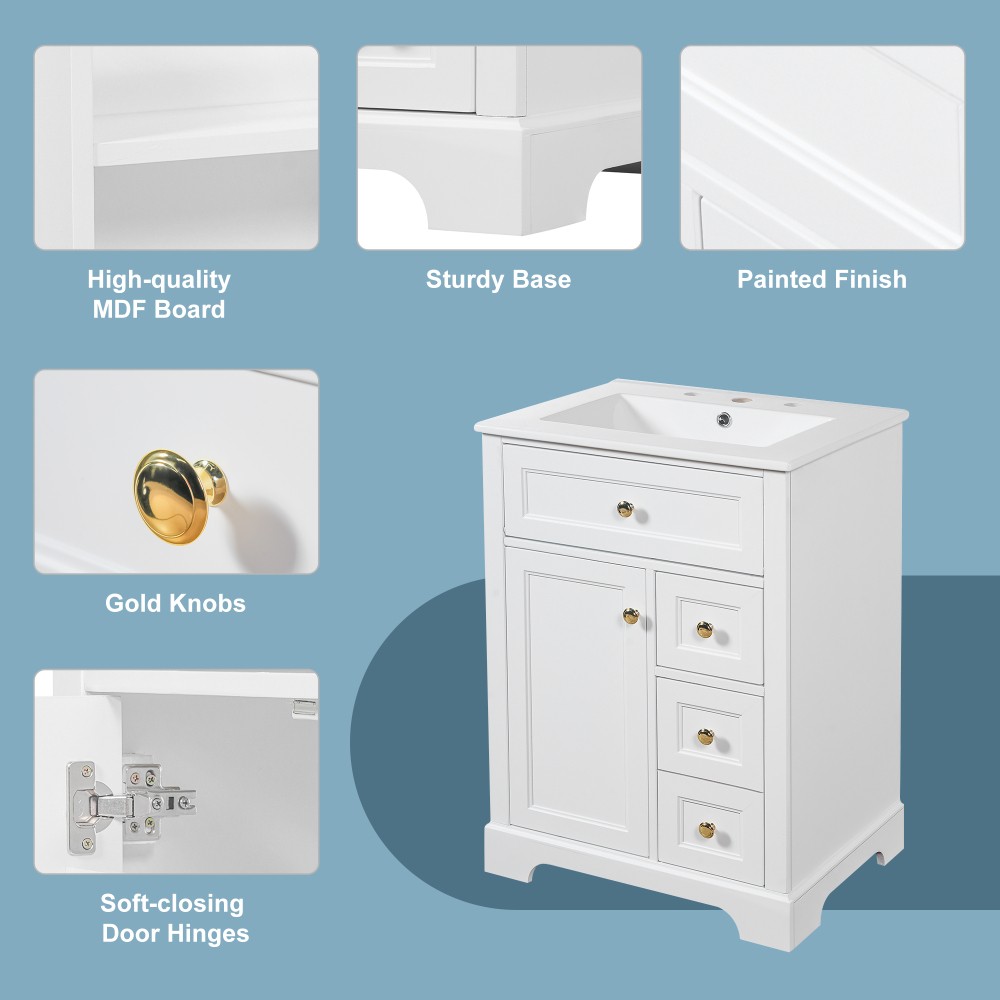 24 in White Bathroom Vanity with Sink MDF & Pinewood Construction 3 Drawers