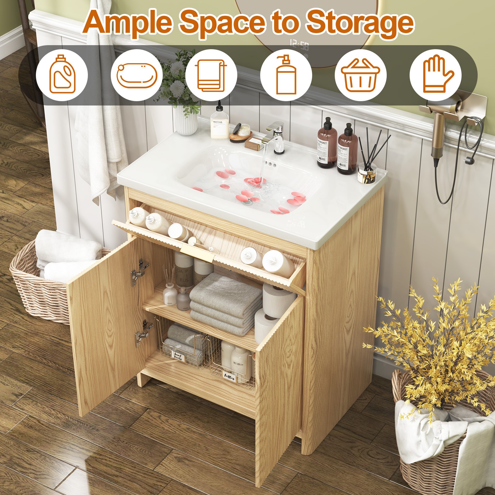 23.6 Inch Elegant Bathroom Vanity Set with Solid Wood Frame with Ceramic Sink
