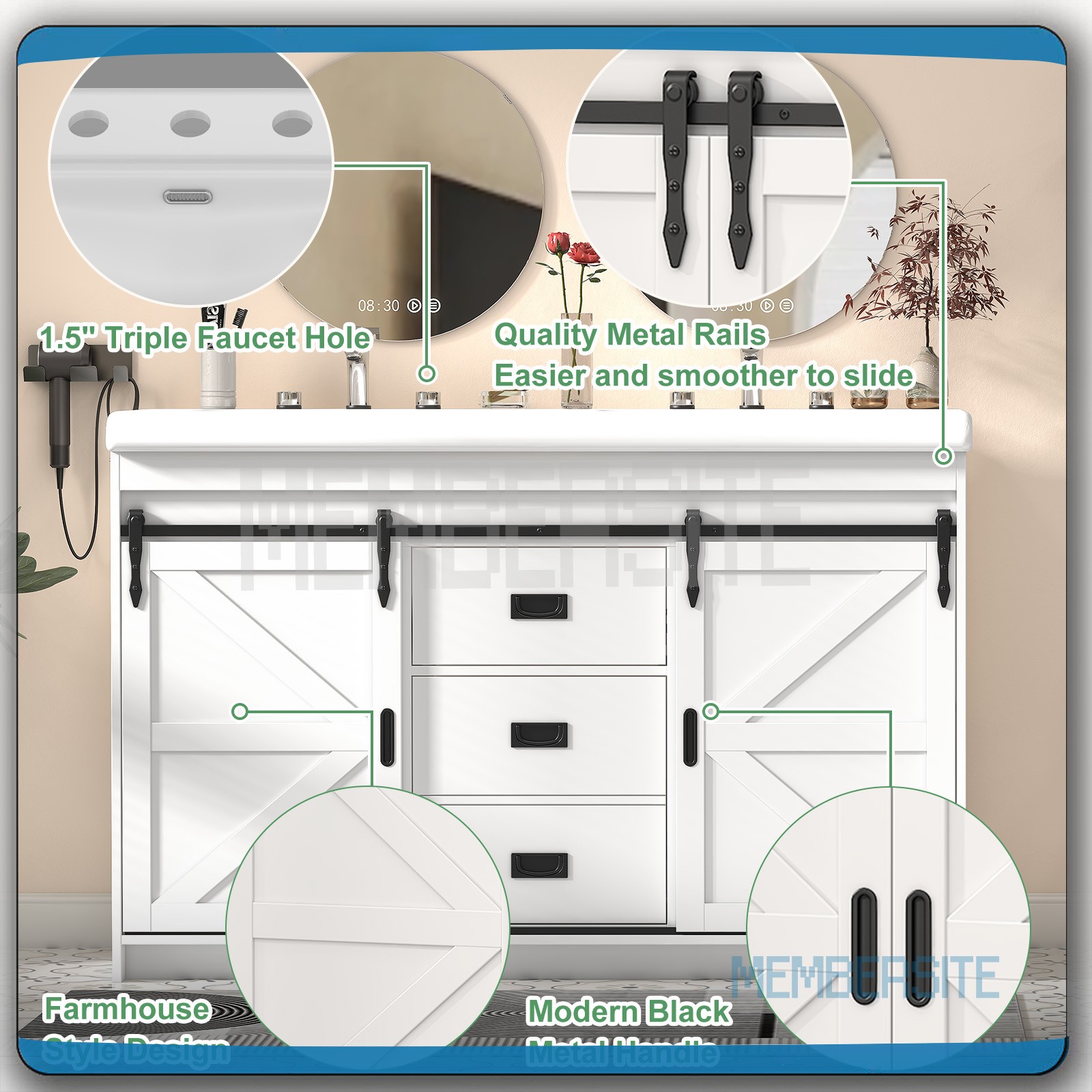 Bathroom Vanity Cabinet w/2 Ceramic Sink Combo 2 Sliding Door 47.3″ Vanity White