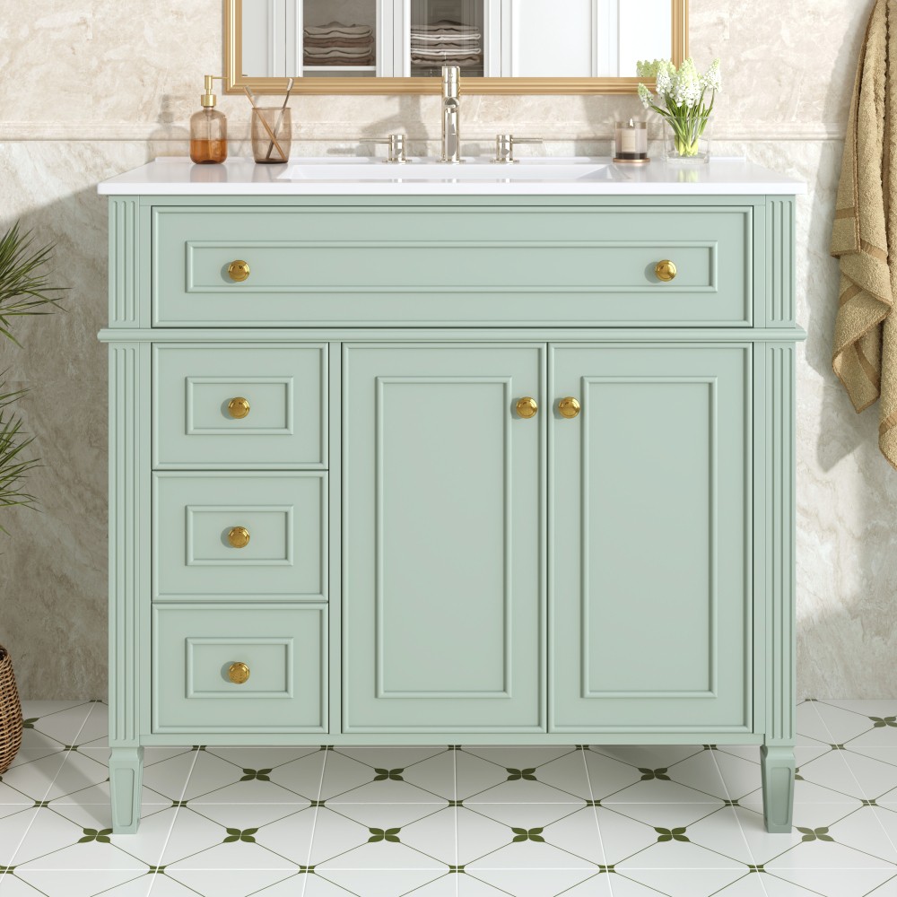 36 Inch Bathroom Vanity with Sink, Green Solid Wood Cabinet with Flip-Out Drawer