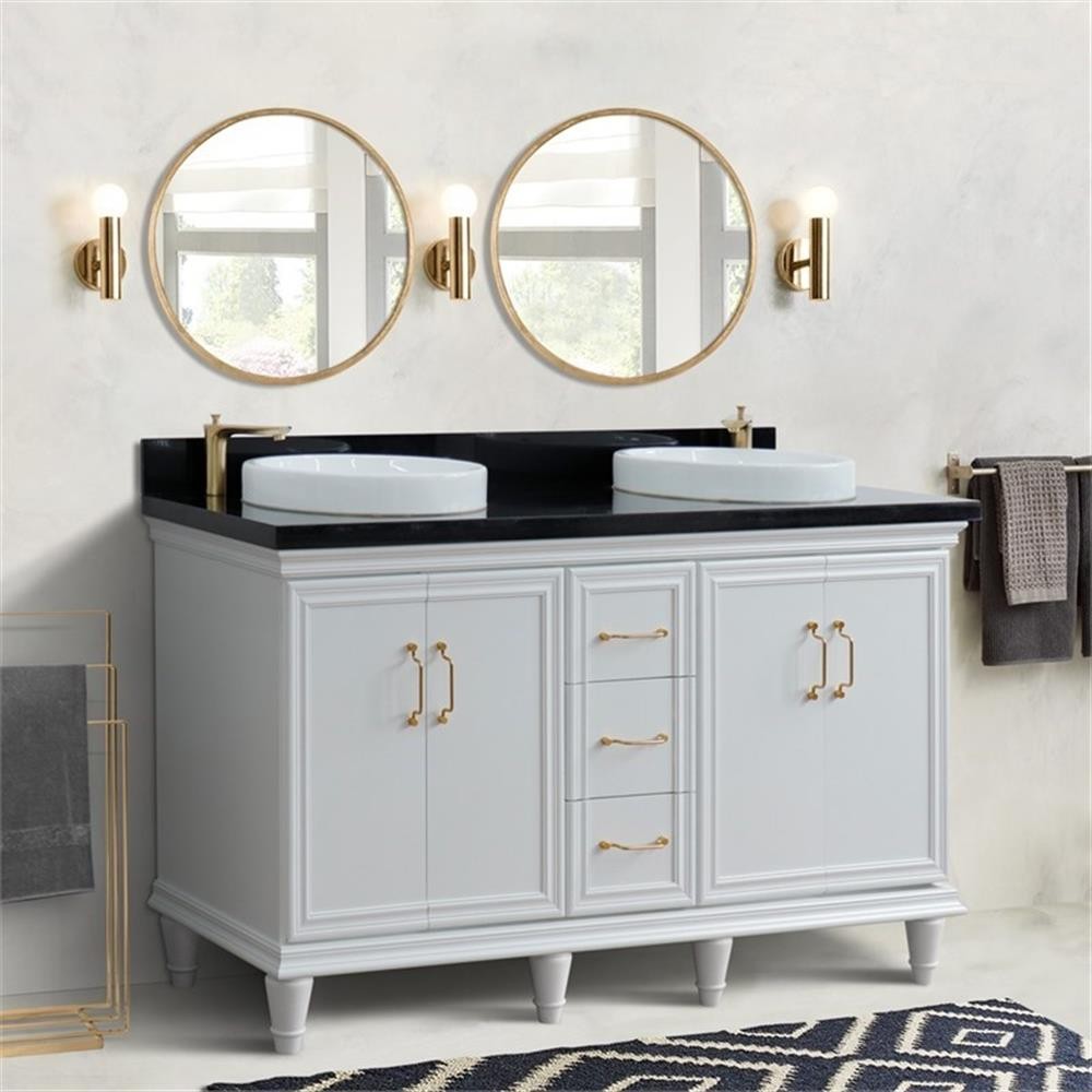 61 in. Double Wooden Vanity White Black Galaxy Granite Round Sink