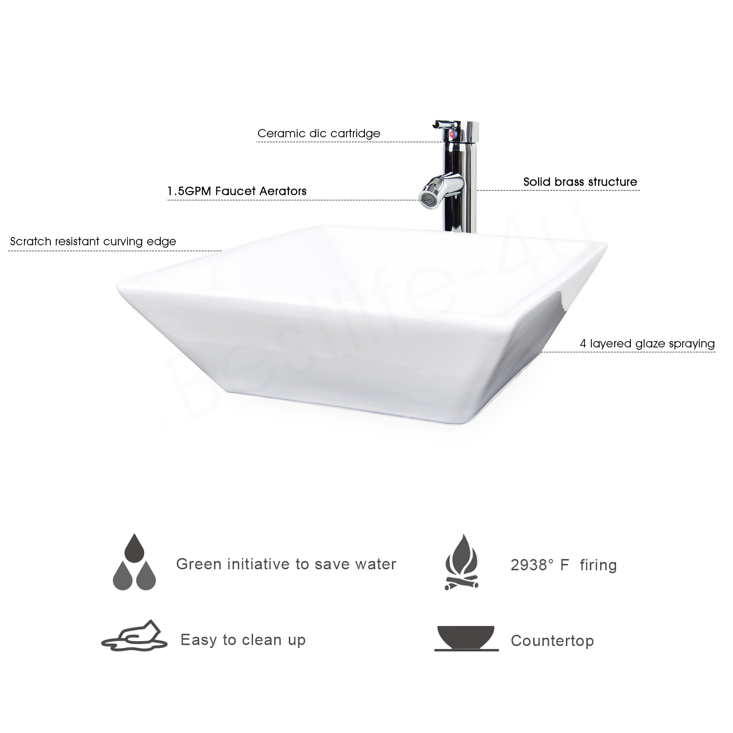 24″ White Bathroom Vanity Cabinet Single Wood & Ceramic Vessel Sink Top Modern