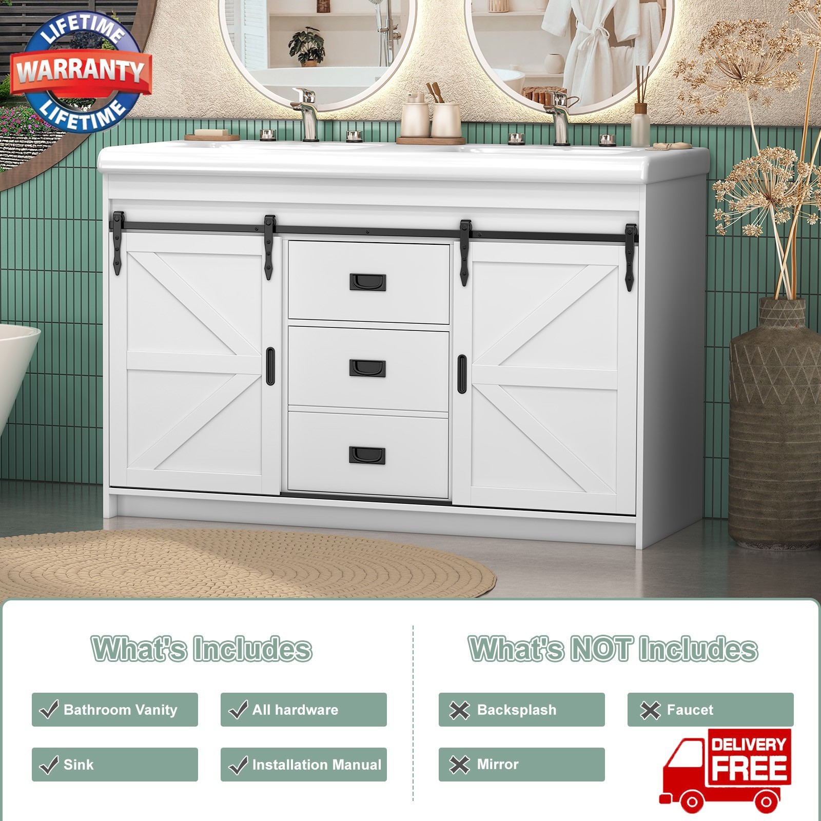 47″ Bathroom Vanity w/Double Ceramic Sink, Freestanding Vanity Cabinet,2 Drawers