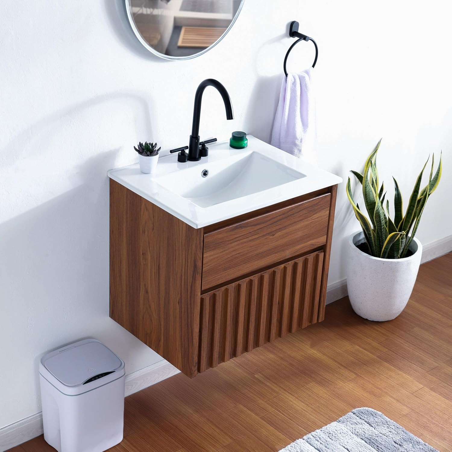 Walnut 24″ Modern Coastal 2-Drawer Wall-Mounted Bathroom Vanity Cabinet