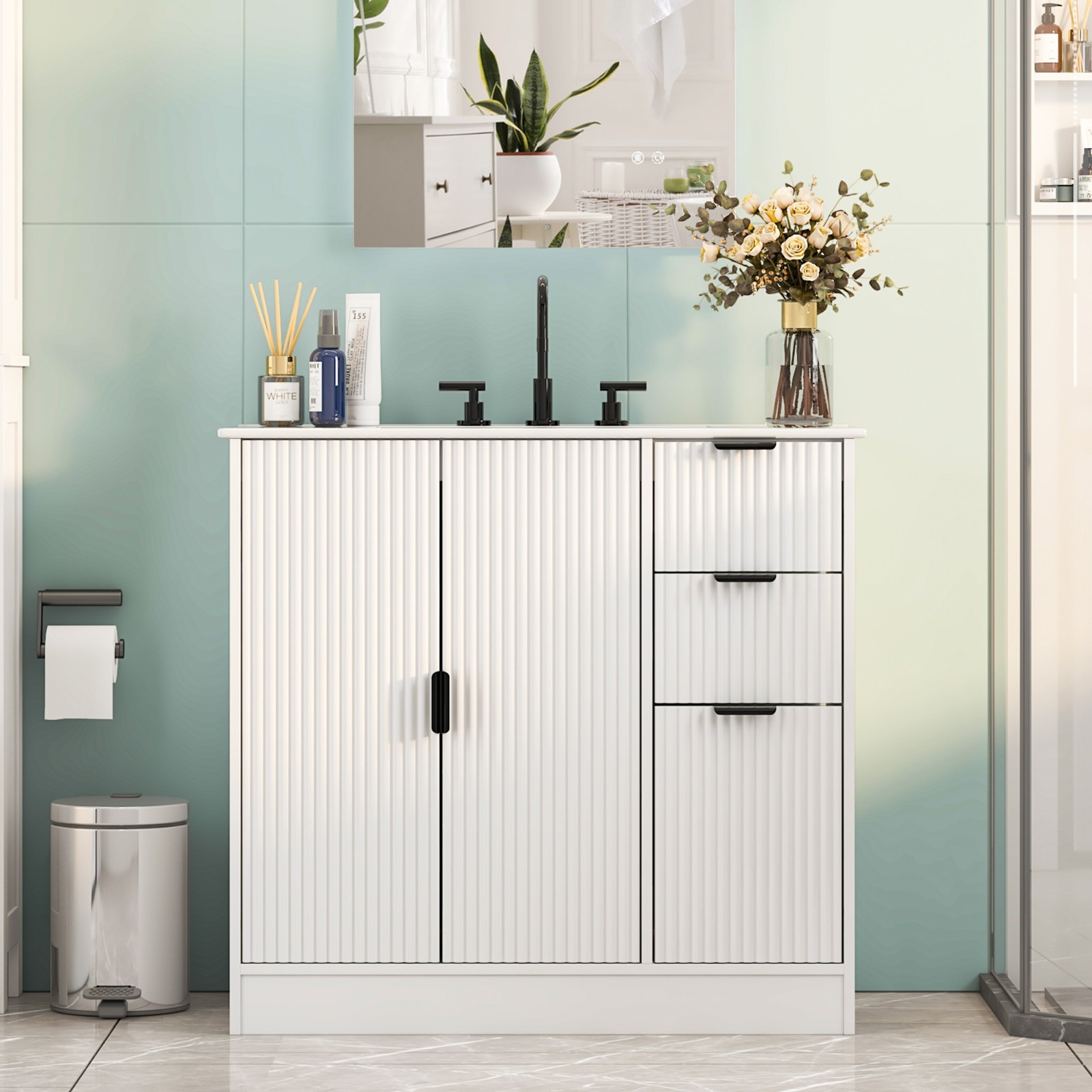 Bathroom Vanity With Sink Freestanding White Cabinet Storage Ceramic Vessel Sink