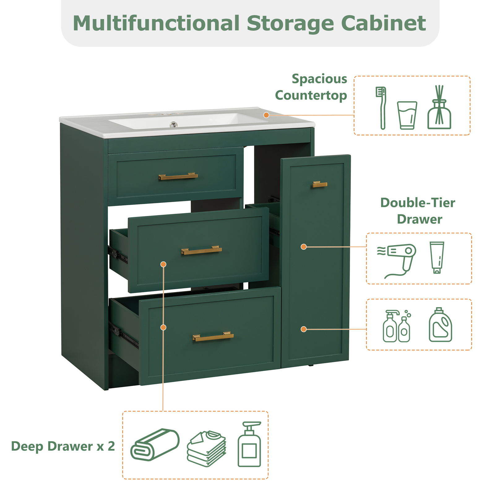 30″ Bathroom Vanity Set Floor Standing Bathroom Storage Cabinet w/Three Drawers
