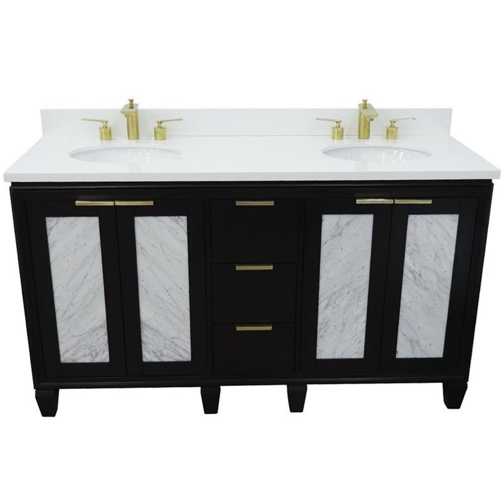 Pemberly Row 61″ Double Oval Sink Solid Wood Vanity in Blue/White Quartz Stone