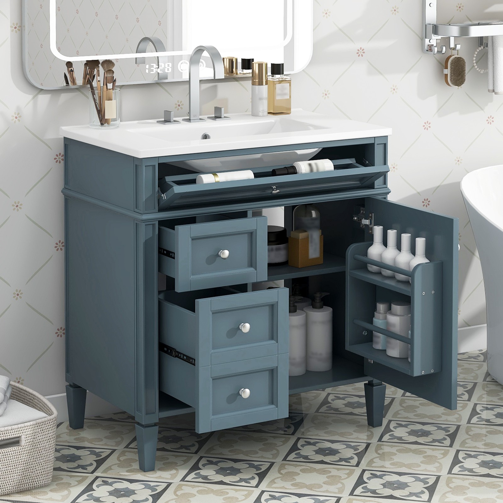 30″ Bathroom Vanity with Top Sink, 2 Drawers & Tip-Out Drawer