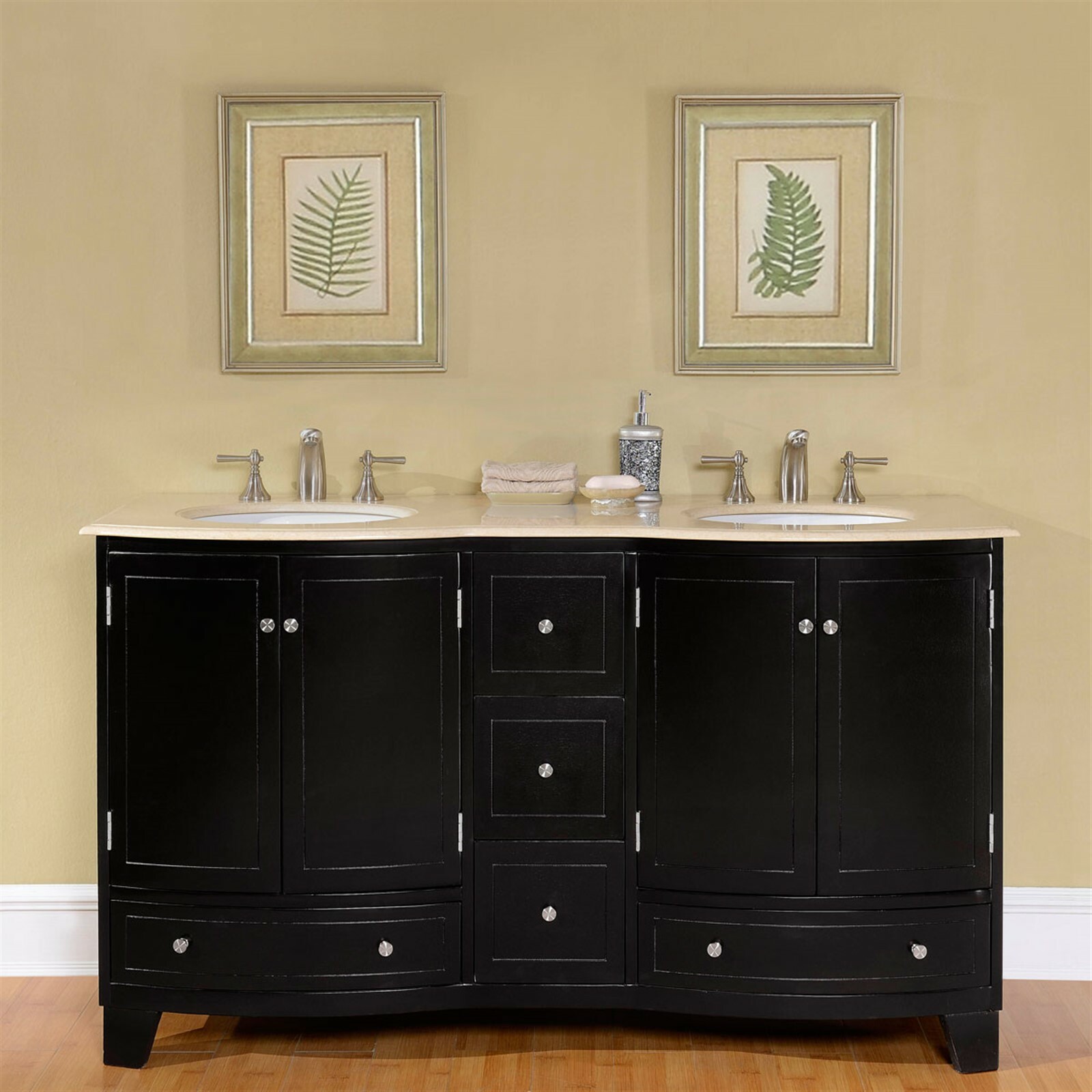 60-inch Bathroom Double Sink Vanity Creamy Marble Top Lavatory Cabinet 0703CM