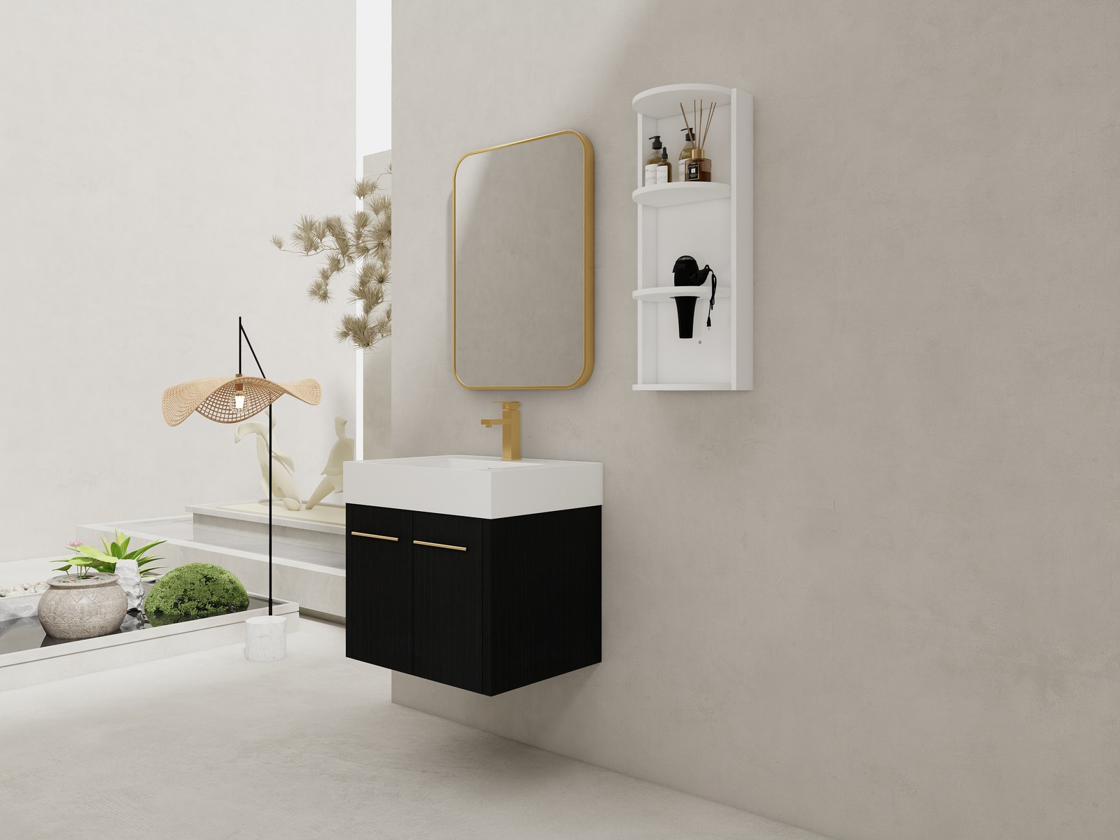 24In Plywood Wall-Mounted Bathroom Vanity W/Resin Sink Doors + Side Storage Rack