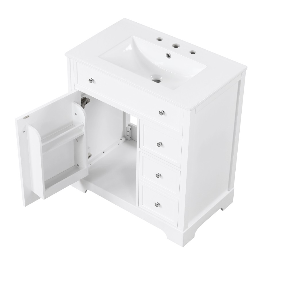30 Inch White Bathroom Vanity with Ceramic Sink Top Solid Wood MDF Cabinet