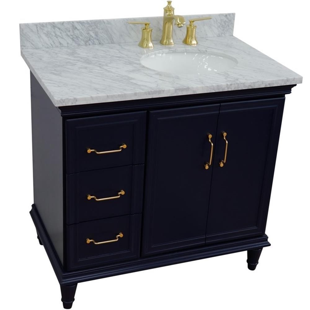 37 in. Single Wooden Vanity Blue White Carrara Oval Right Door.Right Sink