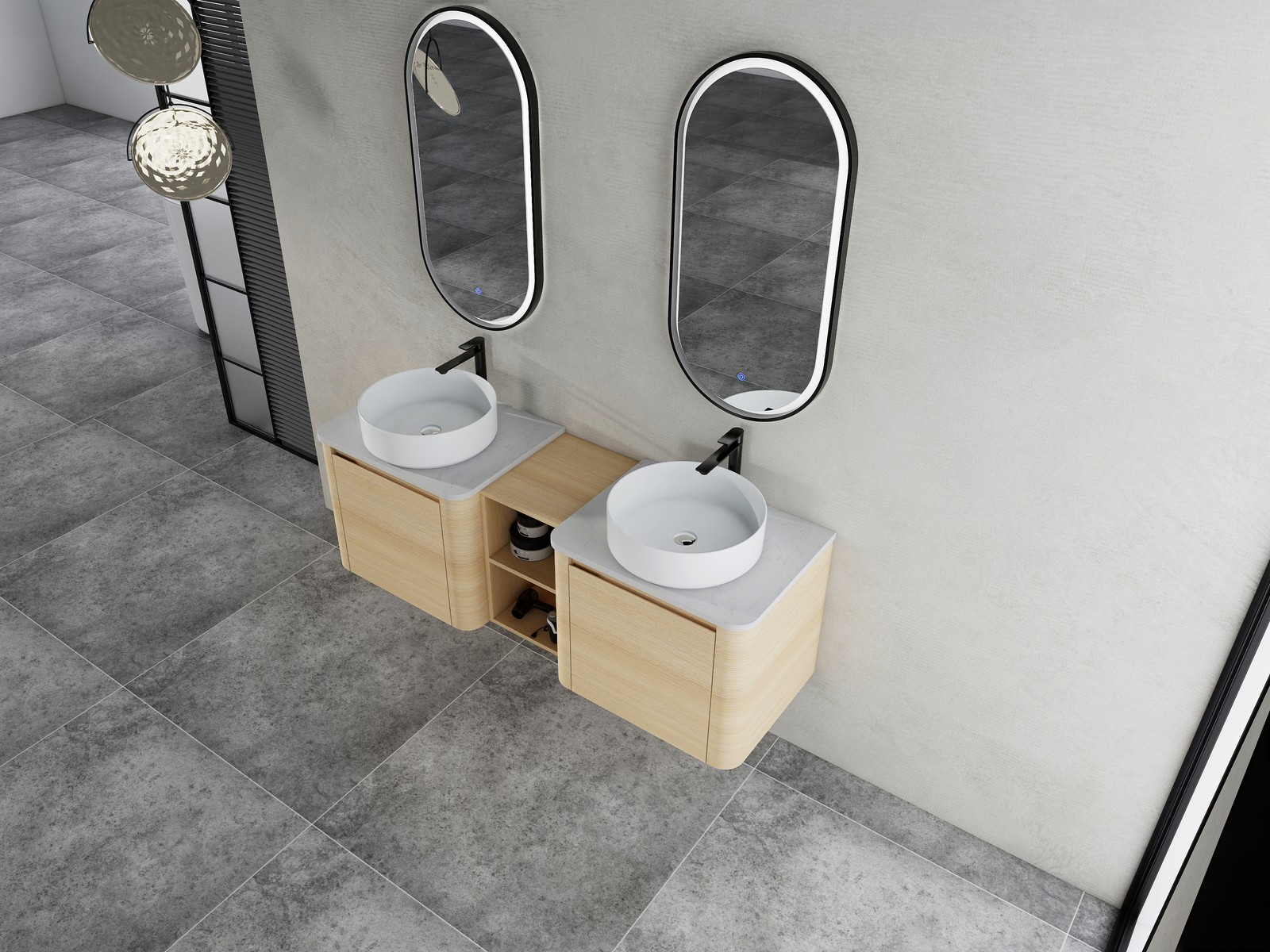 60 in Floating Bathroom Vanity Cabinet 2x White Ceramic Sink Basin +Open Shelves