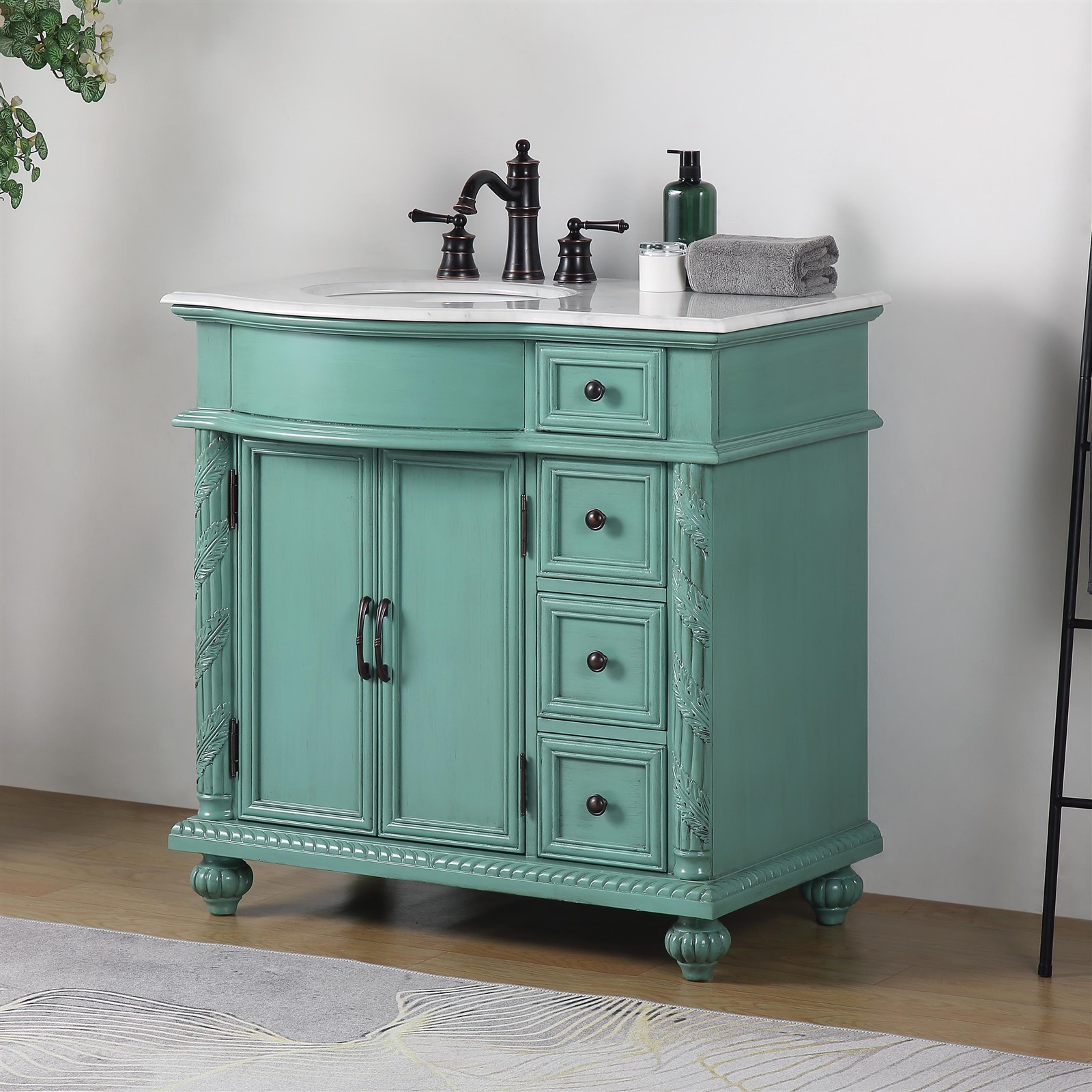 36″ Vintage Green Carrara Top Bathroom Left Sink Cabinet Single Vanity