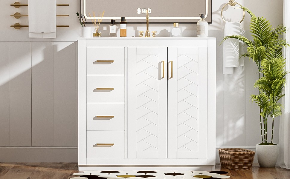36″ Bathroom Vanity with Ceramic Sink, Solid Wood Frame, 3 Drawers & Doors