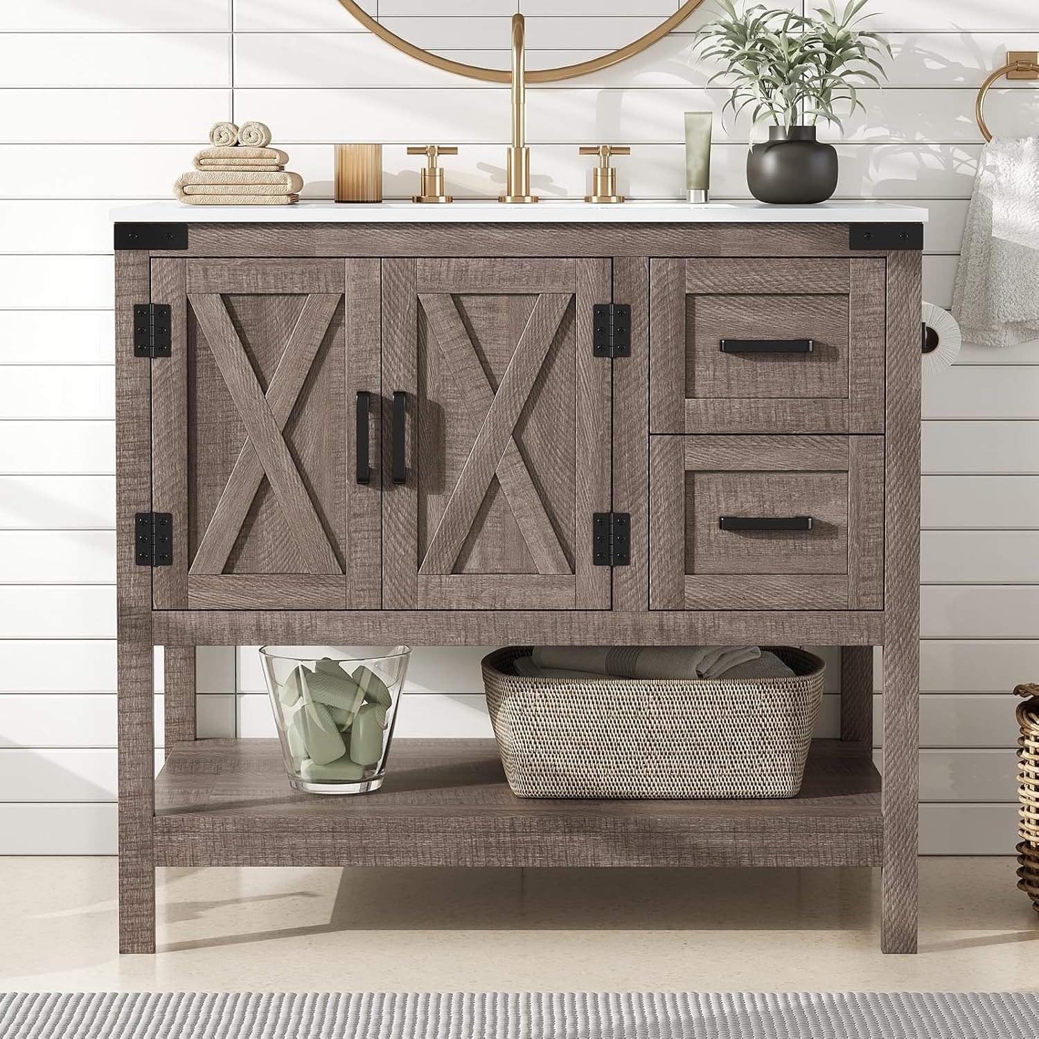 AMERLIFE 36″ Farmhouse Bathroom Vanity with Sink Combo, Wood Barn Door Freestand