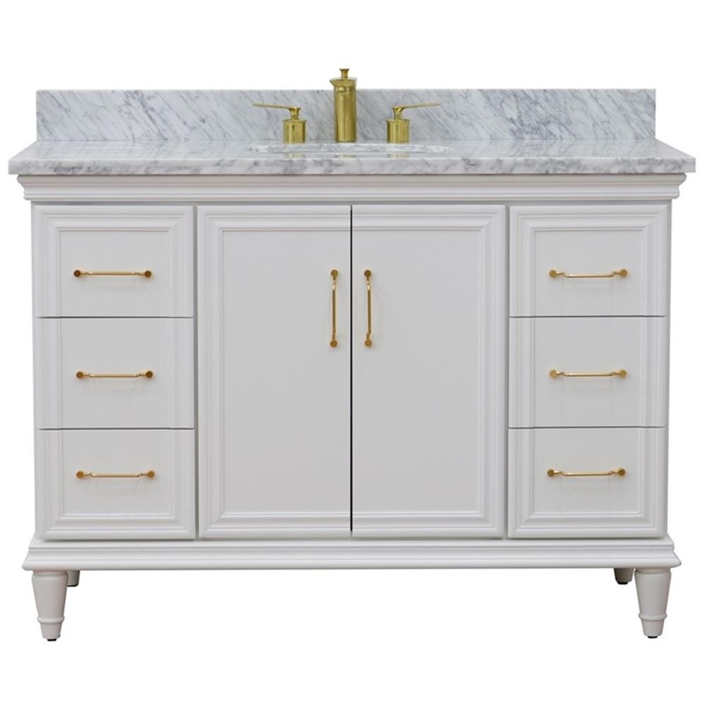 49 in. Single Wooden Vanity White with White Carrara Marble Oval Sink