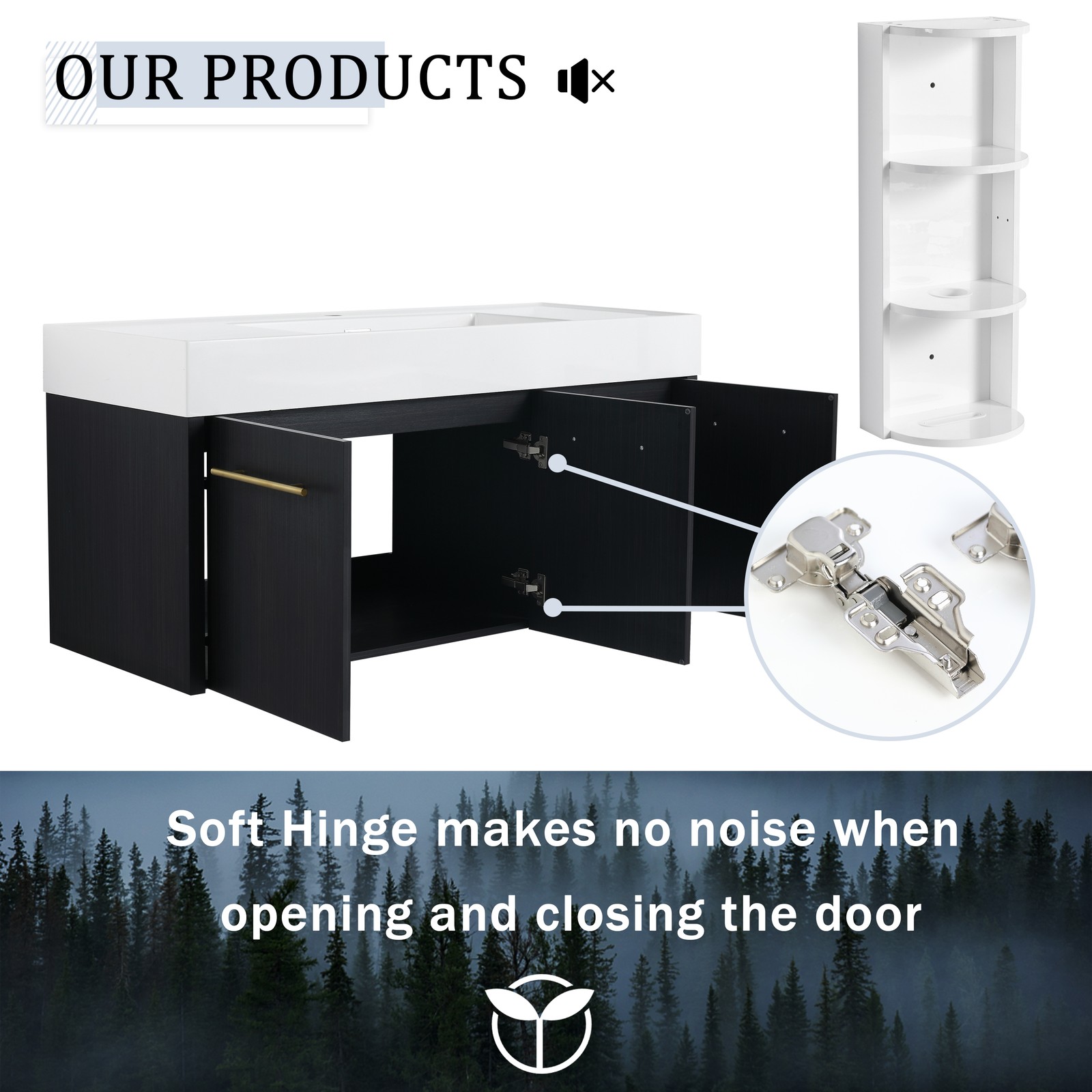 48 Inch Plywood Wall-Mounted Bathroom Vanity with Resin Sink + Side Storage Rack