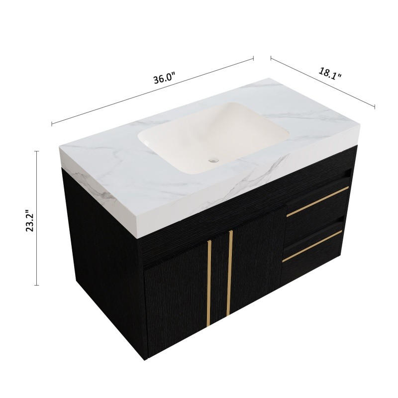 36″ Modern Floating Bathroom Vanity w/Integrated Ceramic Sink & Faux Marble Top