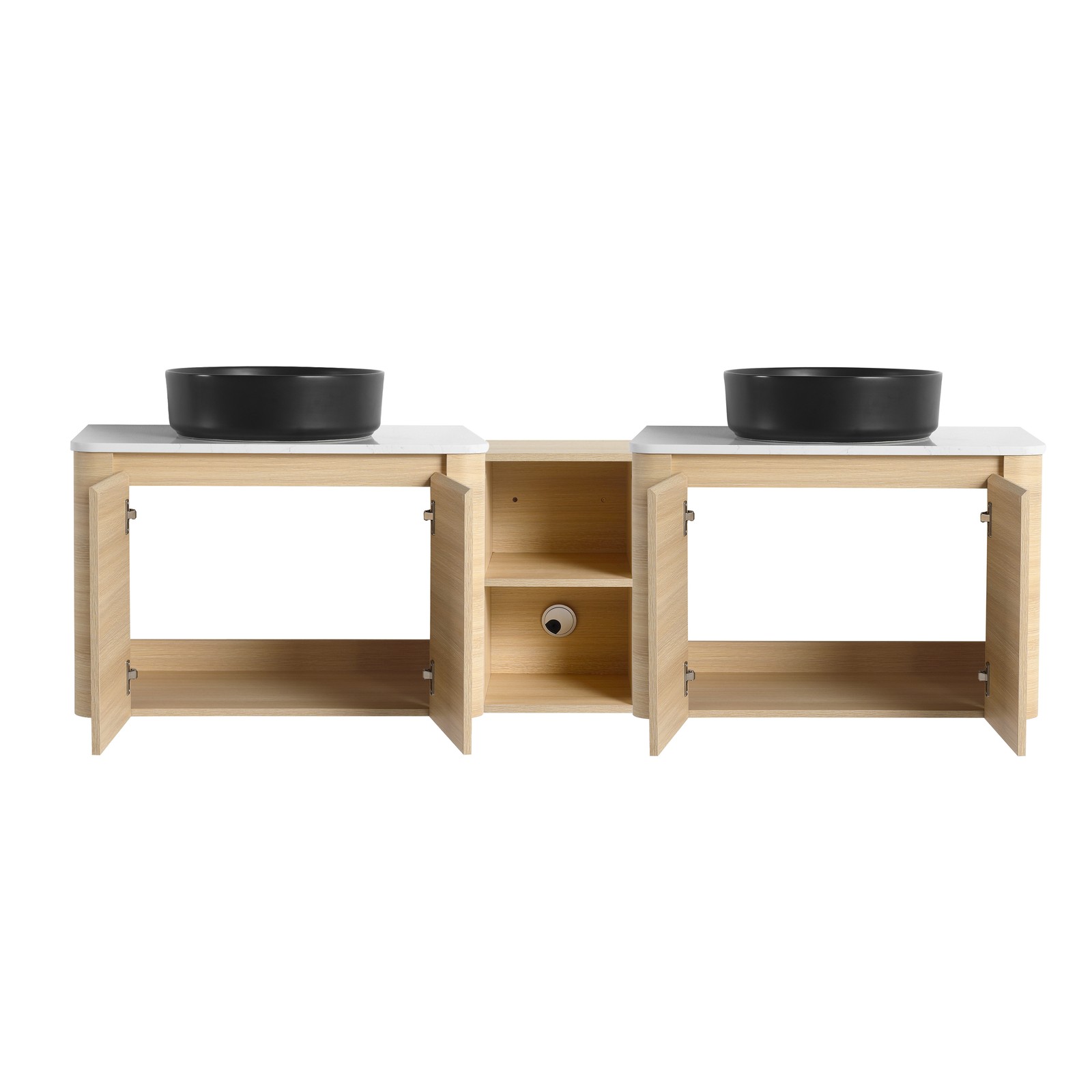 72 in Floating Bathroom Vanity Cabinet 2x Black Ceramic Sink Basin +Open Shelves