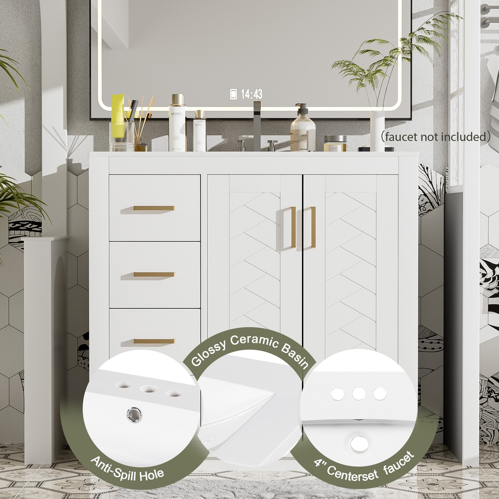 36″ Bathroom Vanity with Ceramic Sink, Solid Wood Frame, 3 Drawers & Doors